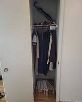 Closet view showing multiple long coats on hangers and umbrellas on shelf