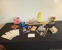 Overview of all assorted office supplies on table