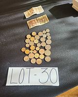 Full lot overview with two banknotes and grouped coins