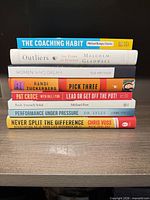 Stacked view of all eight business and leadership books showing titles and spines