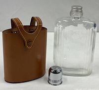 Flask, leather holder, chrome cup cap