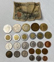 Entire lot showing banknote and 22 coins laid out