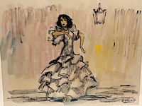 Close view of painting showing dancer, colors and style