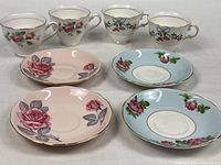 Group shot: three Colclough teacups and four saucers
