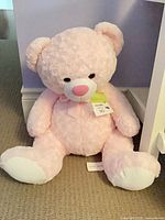 Front view of pink rosette plush teddy bear seated