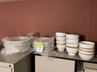 Stacked 11 in plates, 9 in plates and bowls wrapped in plastic