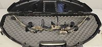 Compound bow secured in open hard case, accessories visible