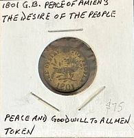 Obverse of 1801 Peace of Amiens token in 2x2 flip with handwritten notes