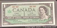 Obverse of 1967 Canadian $1 note showing Queen Elizabeth II and centennial dates