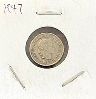 Obverse of 1947 Switzerland 5 Rappen coin in holder