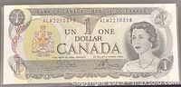 Obverse of 1973 Canadian 1 dollar note with serial numbers and Queen Elizabeth II portrait