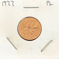 Reverse of 1977 Canadian 1 cent coin showing maple leaf design