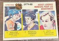 Front of O-Pee-Chee 1979-80 NHL Assist Leaders Card #162 featuring Gretzky, Dionne, Lafleur