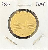 Reverse of 2003 Canadian loonie showing loon design and date, in cardboard holder