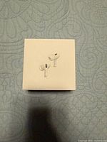 Front of sealed box showing two white earbuds