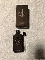 Bottle, spray nozzle and box showing branding and size