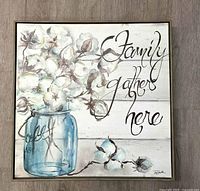 Front view of square framed canvas art showing design and text