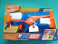 Front of boxed Nerf NP Series Agility blaster showing colors and branding