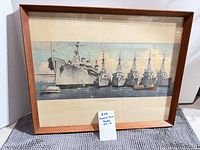 Full view of framed naval print in wood frame