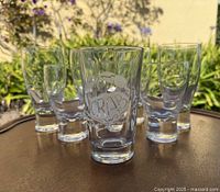 Front view of six glasses highlighting crab-etched piece