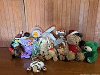 Group shot of all plush toys lined together against wood panel background