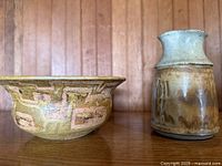 Bowl and cup side view showing exterior glazes and patterns