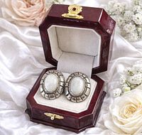 front view of earrings in open box showing mother of pearl centers and sterling frames