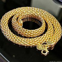 Coiled view of entire gold-tone necklace showing link pattern and clasp