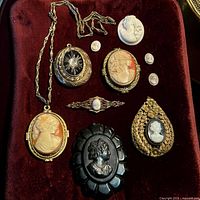 Overall layout of all cameo pieces on velvet background