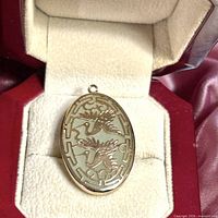 Front view of oval jadeite pendant in display box