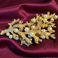 Front view of brooch showing coral design and faux pearls