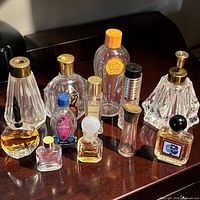 Group shot of all eleven vintage perfume bottles on tabletop