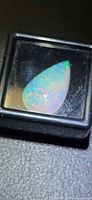 Pear-shaped opal cabochon in plastic display case