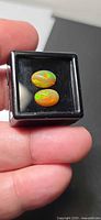 Both opals in display box showing play-of-color