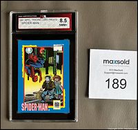 Front view of KSA-encapsulated 1991 Impel Spider-Man Trading Card grade label 8.5 NM-MT+