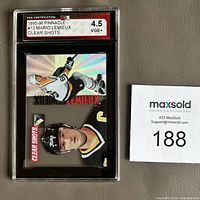 Front view of slabbed 1995-96 Pinnacle Mario Lemieux Clear Shots card with KSA 4.5 VGE+ label