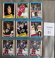 Nine star cards including Gretzky, Yzerman, Messier and three Brian Leetch rookies with lot label visible