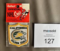 Front view sealed California Golden Seals patch with NHL header card