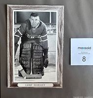 Front of the Beehive cardboard hockey photo showing Gump Worsley image and name