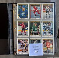 Binder opened showing nine card pockets with visible cards including Dale Hawerchuk, Ray Sheppard, Wayne Gretzky, John McLean, Pat Verbeek, Doug Wilson, Adam Oates, Mike Vernon