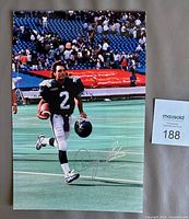 Full view of autographed 8" x 12" Doug Flutie color photo on stadium field background