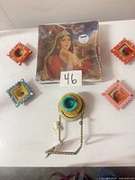 Full lot showing plate, four tealight holders, round trinket