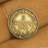 Reverse of 1940 Newfoundland 5 cent coin close-up