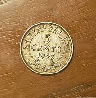 Obverse view of 1943 Newfoundland 5 Cents coin showing date and denomination