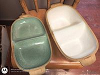 Top view of base and lid showing divided compartments and glaze colors