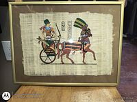 Full view of framed papyrus painting showing artwork and frame