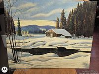 Front view of oil painting showing entire winter cabin scene