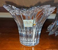 Mikasa crystal candlestick showing brand sticker and flared starburst rim