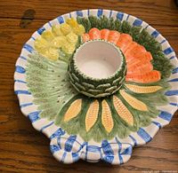 top view of platter with dip bowl in place showing vegetable design