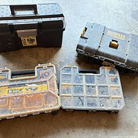 All four DeWalt tool boxes and organisers shown together